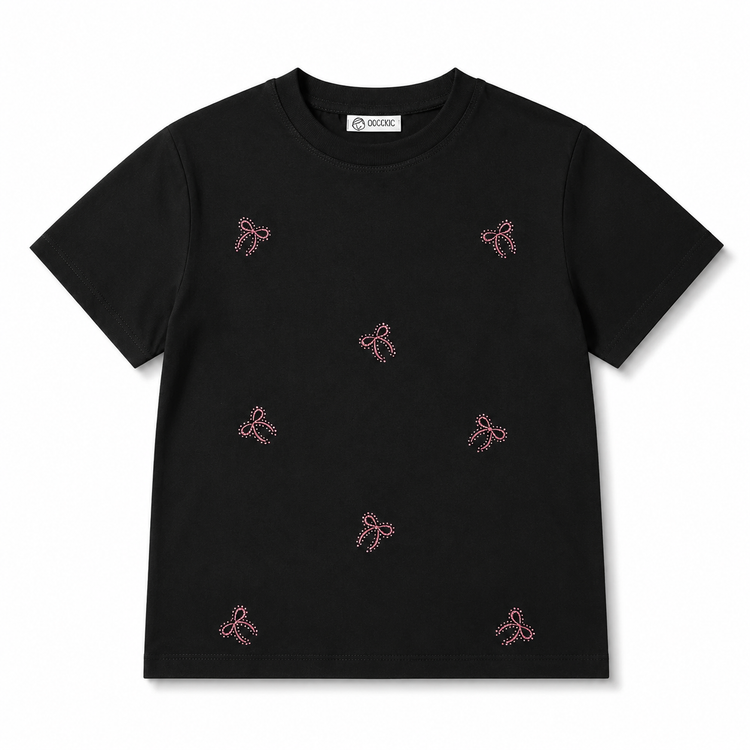 تیشرت دخترانه گلدوزی و نگین پاپیون مشکی نخ پنبه کد ۱۶۰۰۸