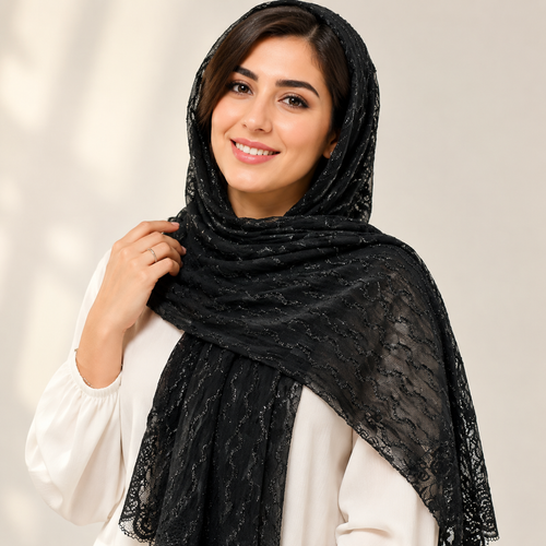 شال مجلسی حریر لمه دستک تور و حاشیه دار مشکی وارداتی