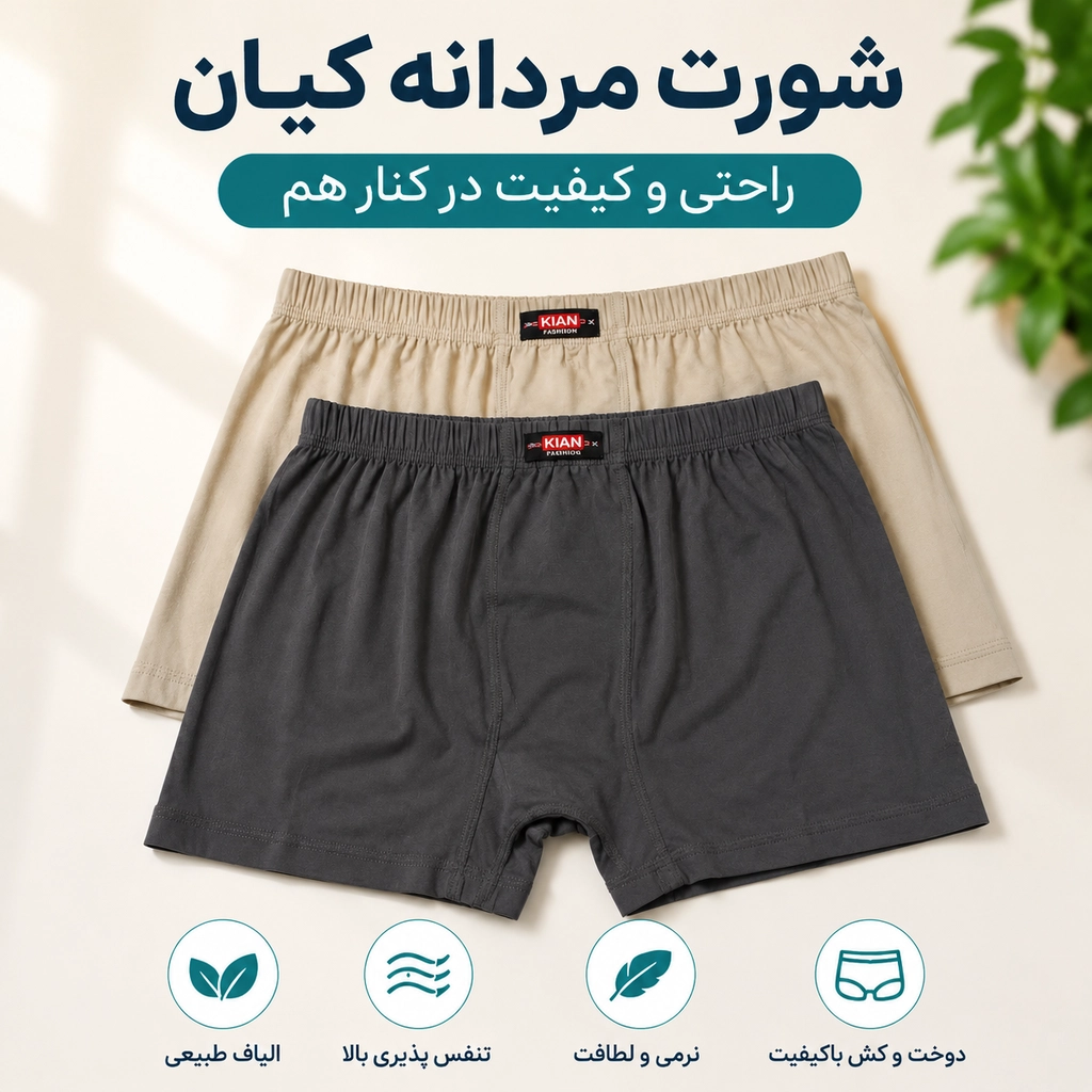 شورت پادار کلاسیک نخ پنبه ۱۰۰٪ کیان رنگی پک دو عددی کد ۴۰۰۵۰