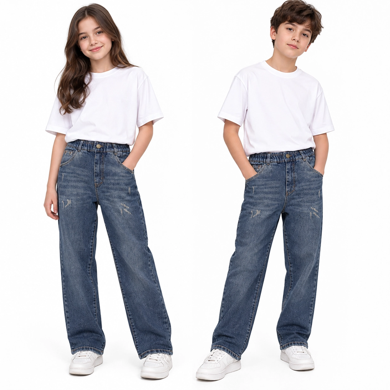 شلوار جین پسرانه و دخترانه نیم بگ کمرکش کثیف شور برند YAS JEANS کد 3068