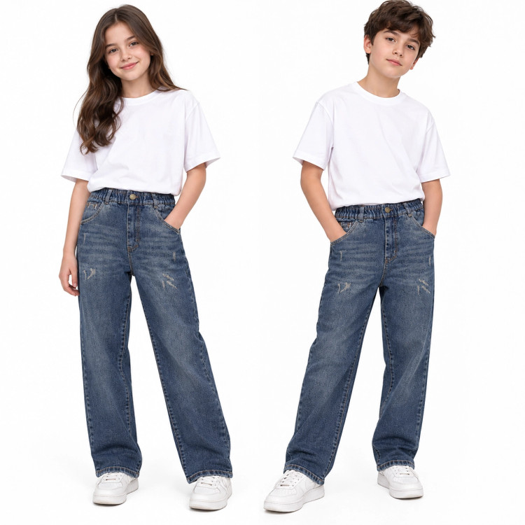 شلوار جین پسرانه و دخترانه نیم بگ کمرکش کثیف شور برند YAS JEANS کد 3068